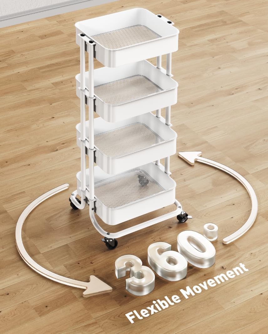 Pipishell 4 Tier Metal Rolling Utility Cart with 2 Lockable Wheels, White