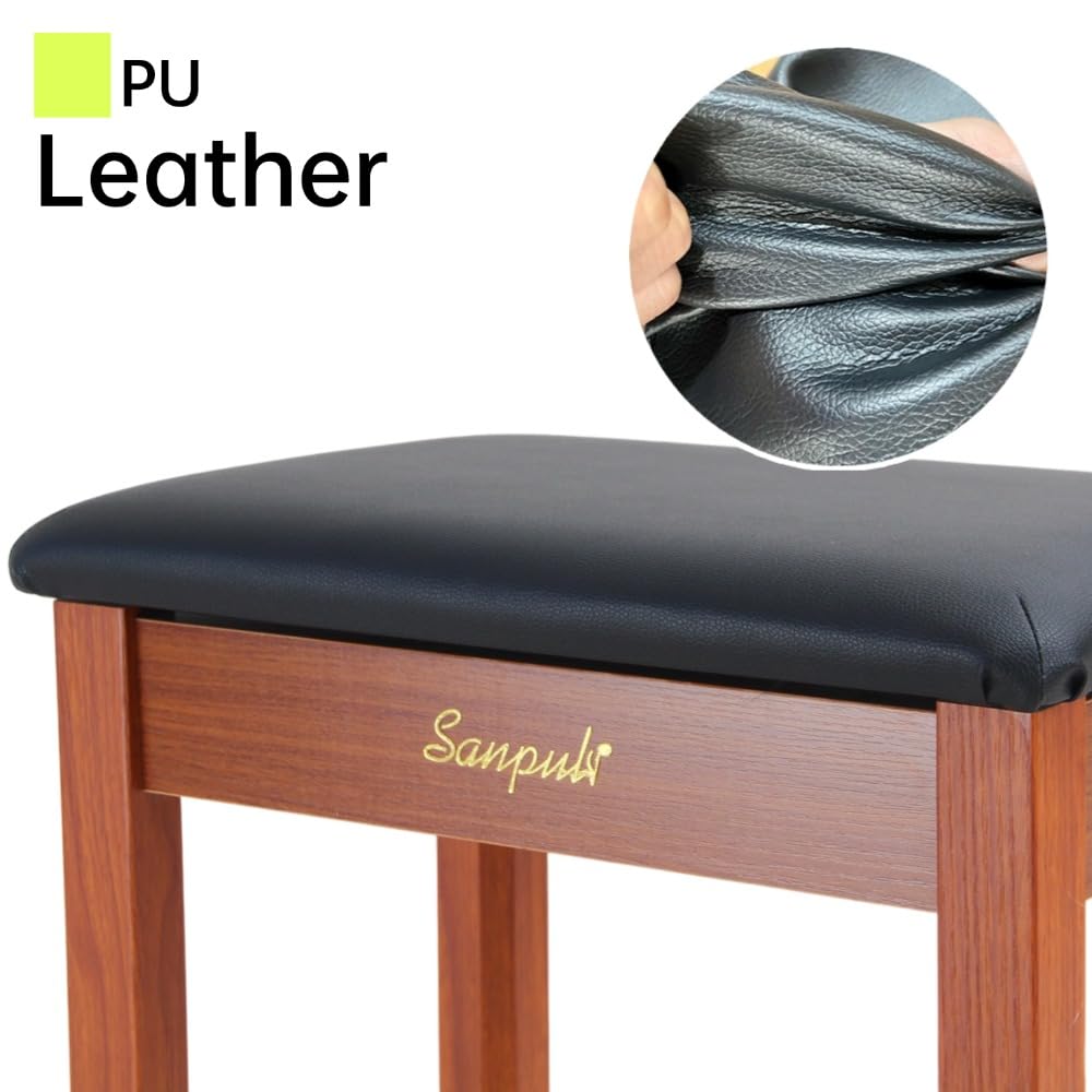 Sanpuli Solid Wood Piano Bench with Storage, Piano Stool and Padded Cushion, Keyboard Bench with