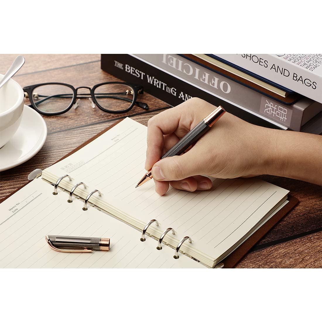 SHALORY Ballpoint and Rollerball Pen Set, Stylish Line Engraved Metal Pen Elegant Smooth Writing