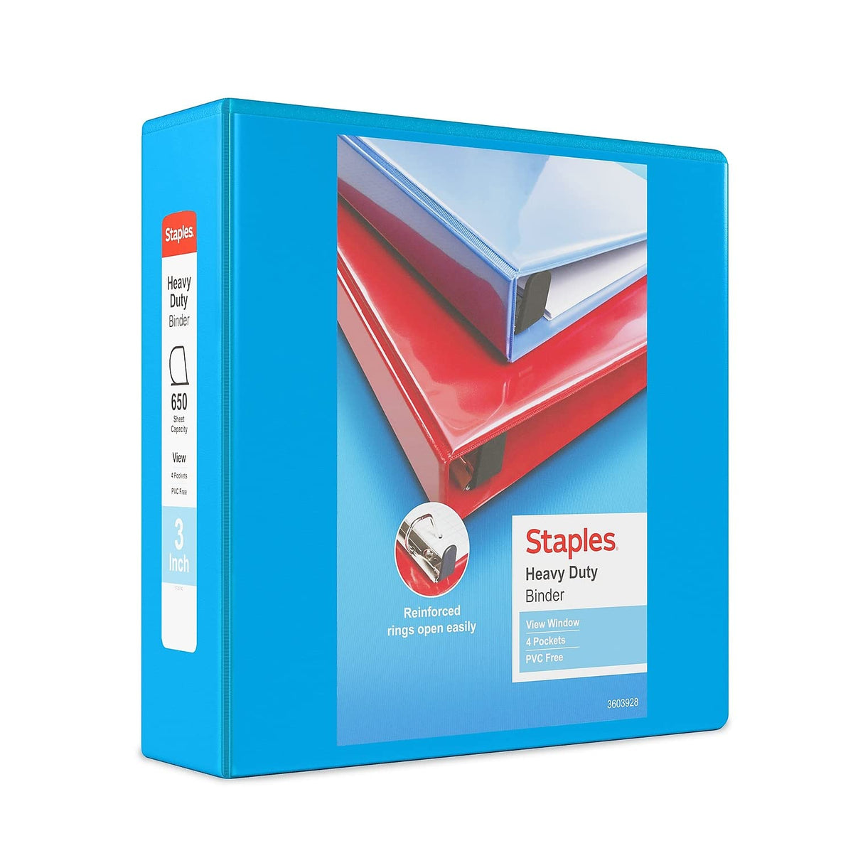 Staples Heavy-Duty 3-Inch D-Ring View Binder, Light Blue, 600 Sheets