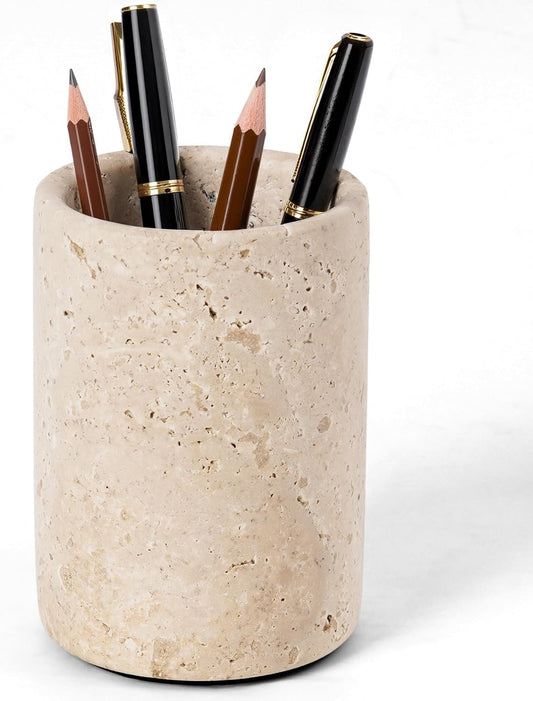 Radicaln Marble Pen Holder For Desk 4" Inches Travertine Handmade Pencil Holder & Pen Holder for