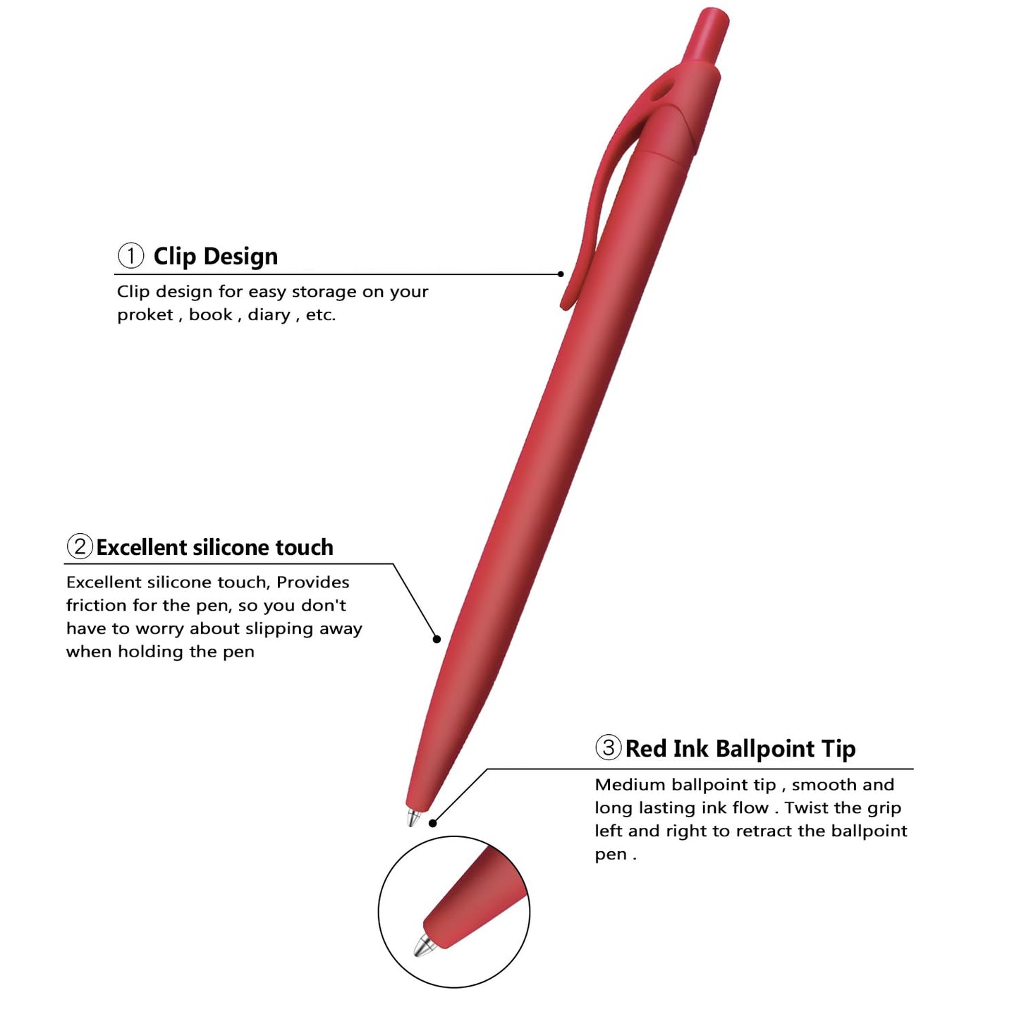 Aozora Pens Bulk,80 Pack Red Click Pens No Bleed,Wholesale Retractable Ballpoint Pens Medium