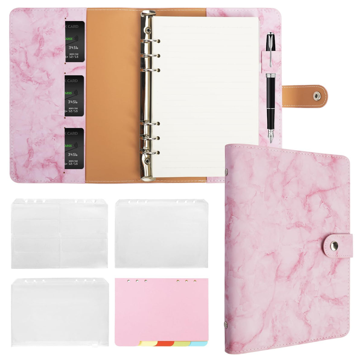 FYY A5 Binder Refillable Planner Notebook 6 Ring, Marble Pink
