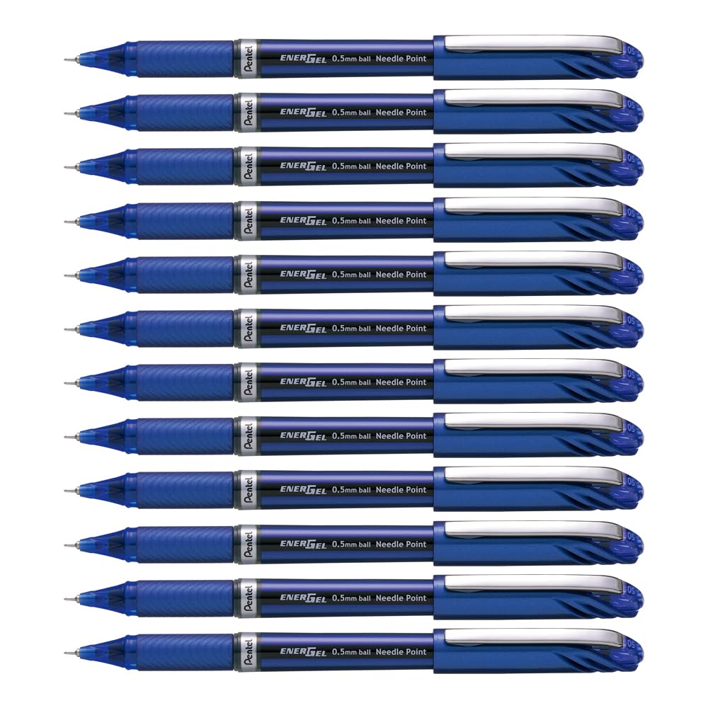 Pentel ENER-GEL NV Liquid Gel Pen, 0.5mm, Fine Line Capped, Needle Tip, Blue Ink, Box of 12