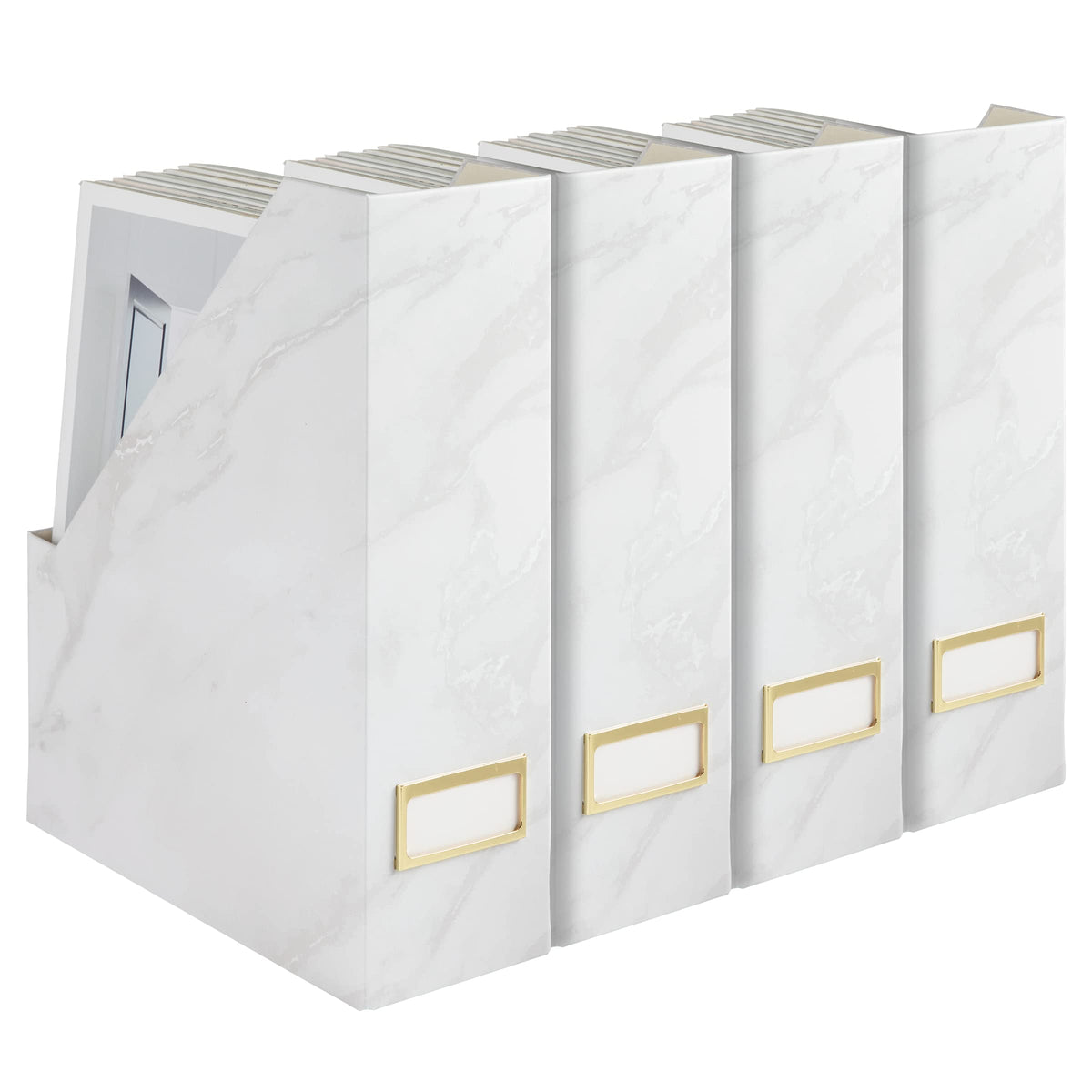 BLU MONACO Set of 4 Magazine Holders | White Marble Design with Gold Label Holders | Foldable File