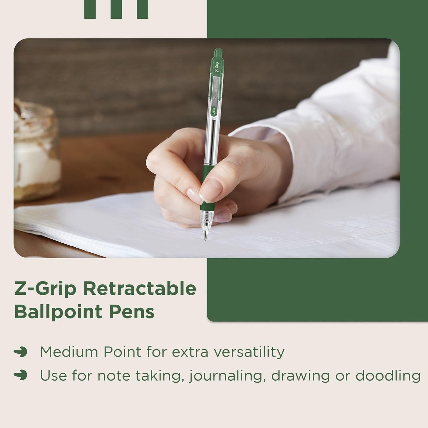 Zebra Pen Z Grip Green Pens Ballpoint, Smooth & Comfortable Pens With Pocket Clip, Retractable