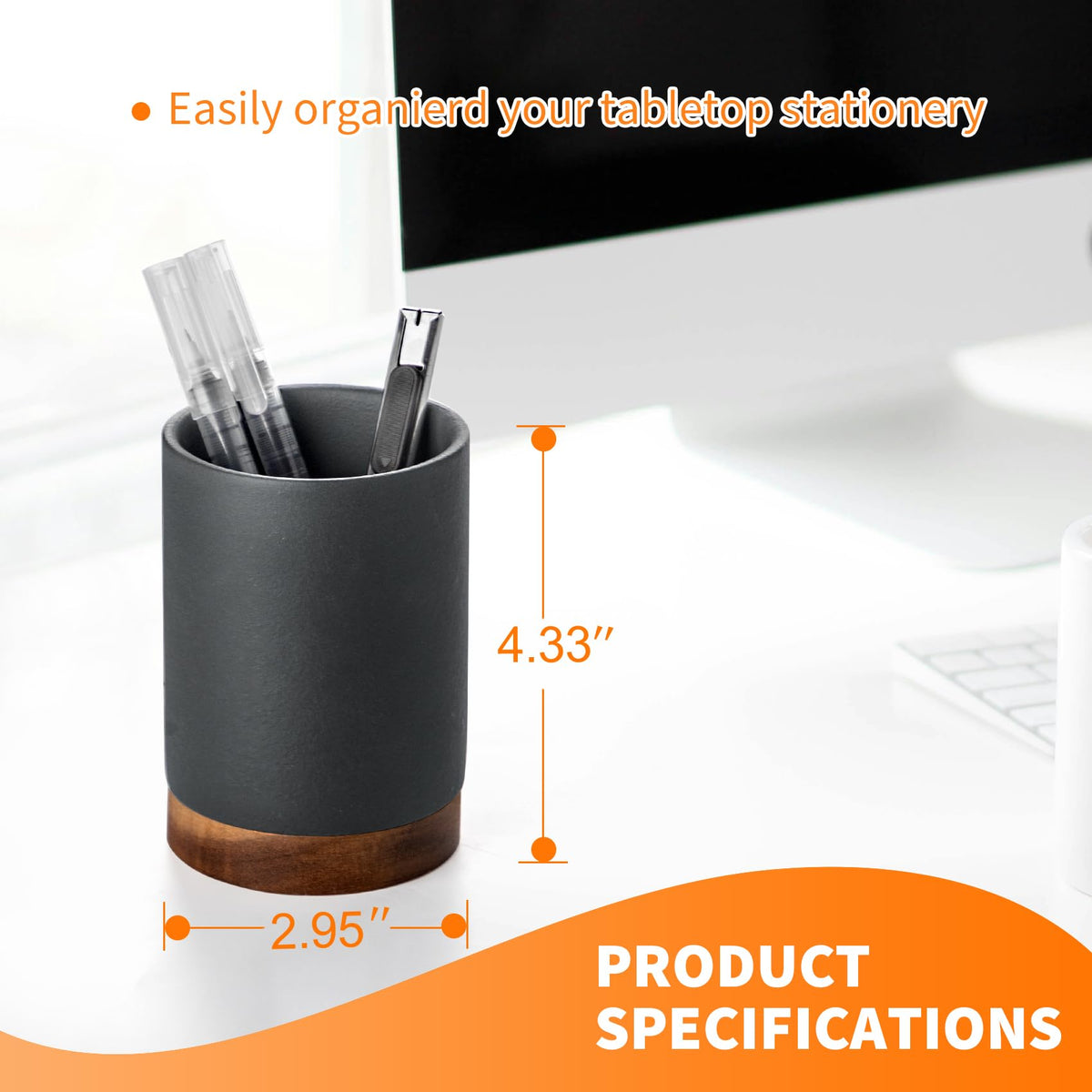 Officepal Ceramic Pen Holder for Desk, Pencil Cup, (Dark Grey, Set / 2)