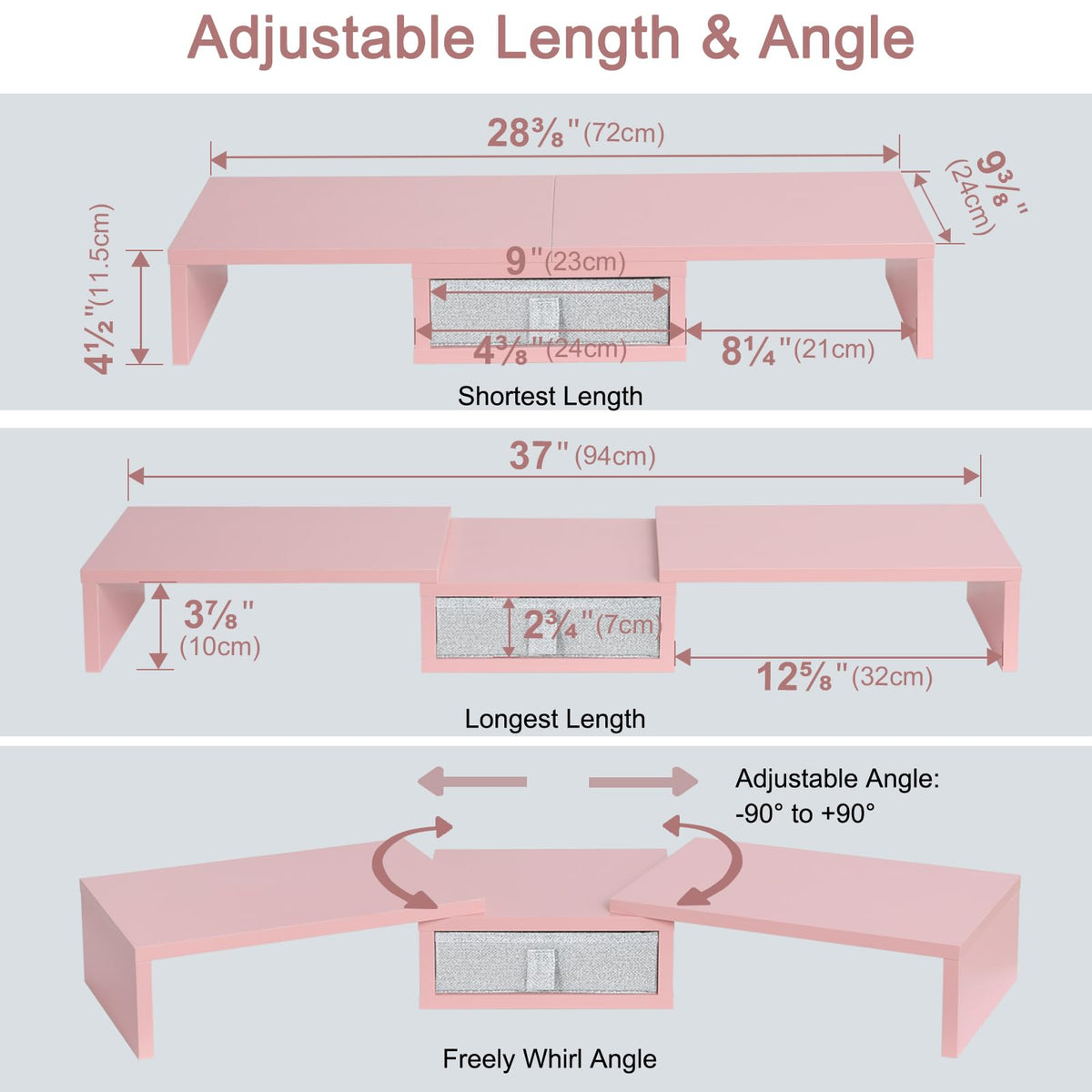 TEAMIX Pink Dual Monitor Stand Riser with Drawer - Length and Angle Adjustable Double Corner Desk