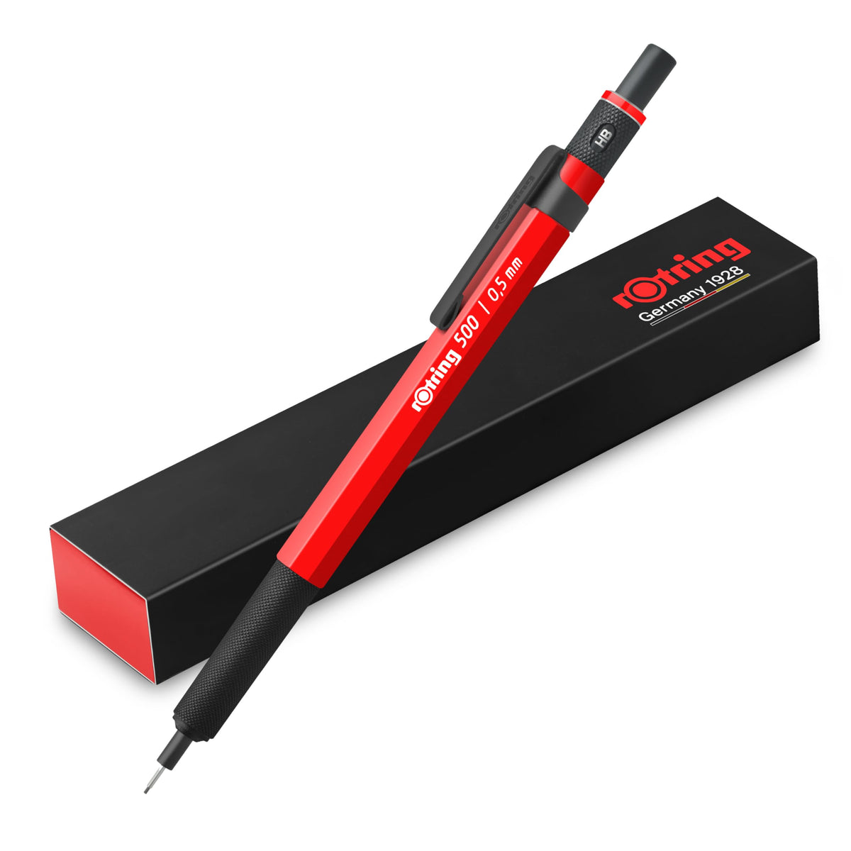 Rotring 500 Mechanical Pencil, Red and White Hexagonal Plastic Barrel and Non-Slip Textured Metal
