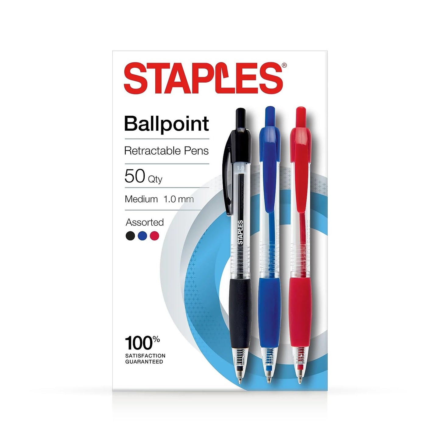Staples Retractable Ballpoint Pens, Medium 1.0mm, Assorted Ink, 50-Pk