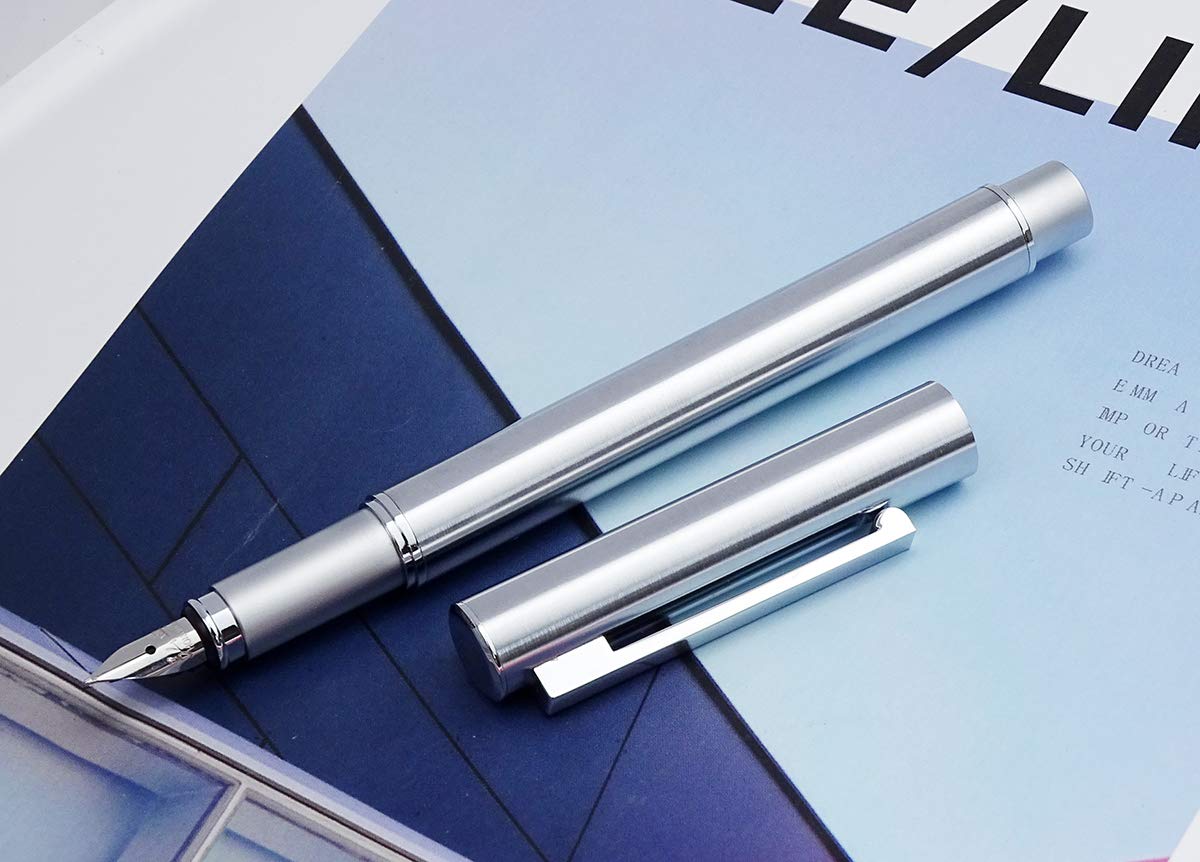 Hongdian 516 Stainless Steel Fountain Pen Fine Nib, Classic Design with Converter and Pen Pouch