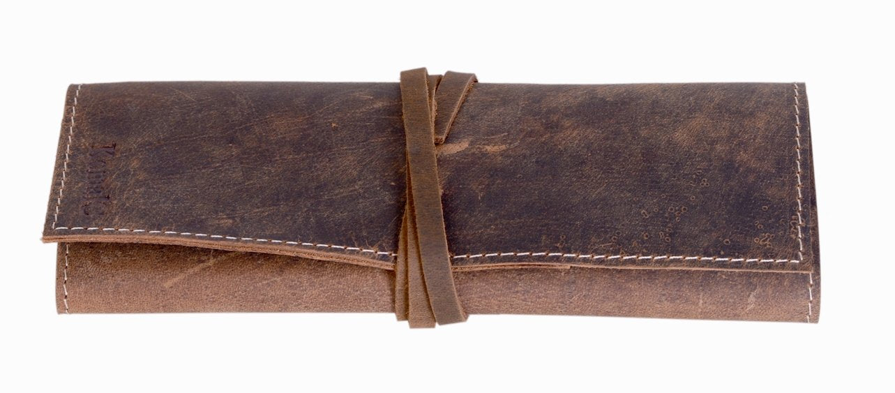 KomalC Genuine Leather Pen Case & Pencil Holder – Artisan Leather Stationery Roll/Foldable Pouch