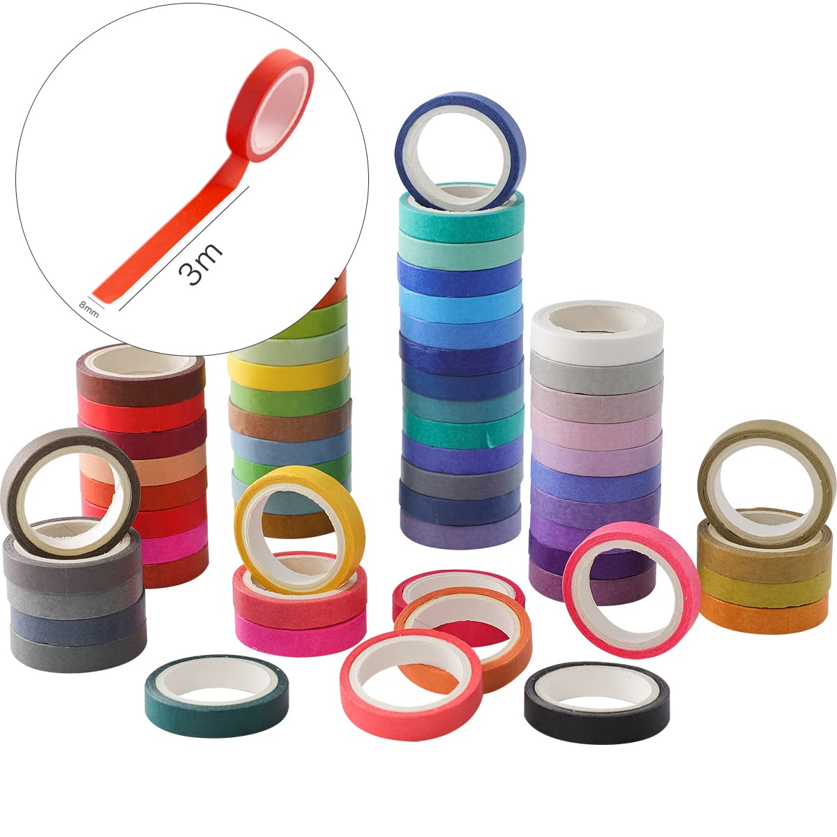 60 Rolls Washi Tape Sets 8mm Wide 10ft Long Basic Solid Color Rainbow Colored Decorative Thin