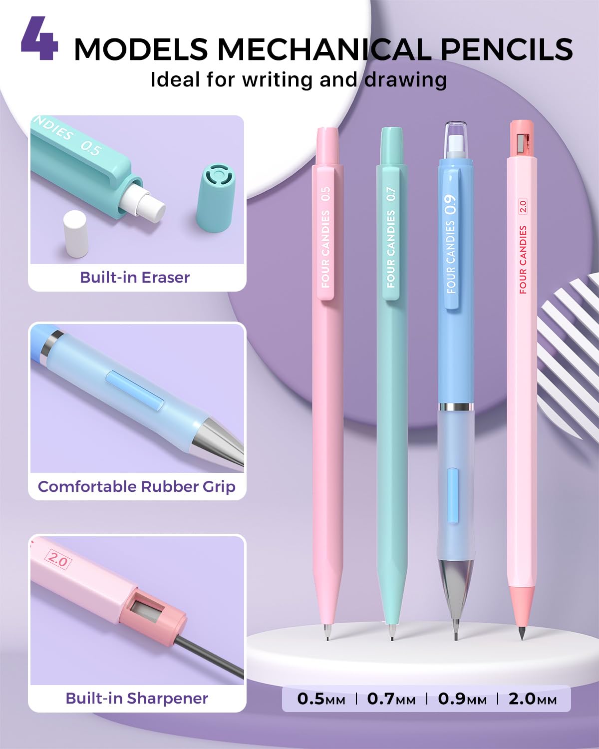 Four Candies 36PCS Mechanical Pencil Set with 624 Lead Refills (Pink)