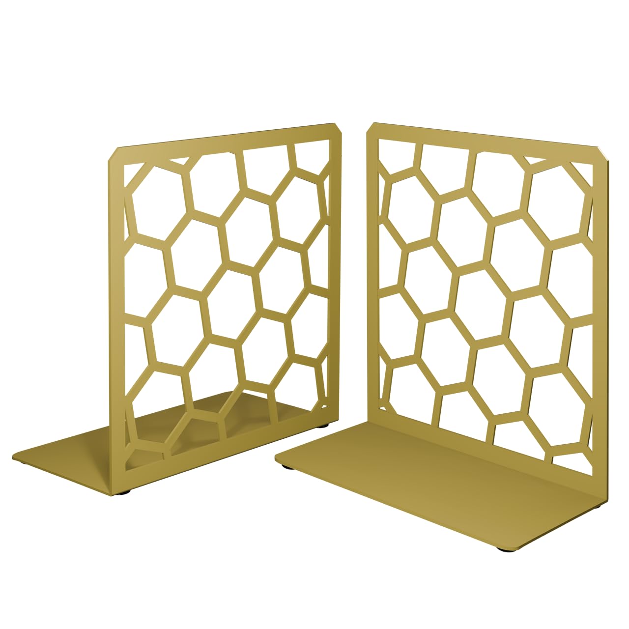 Gold Geometric Honeycomb Metal Bookends - Book Ends for Shelves - Decorative Modern Heavy Duty