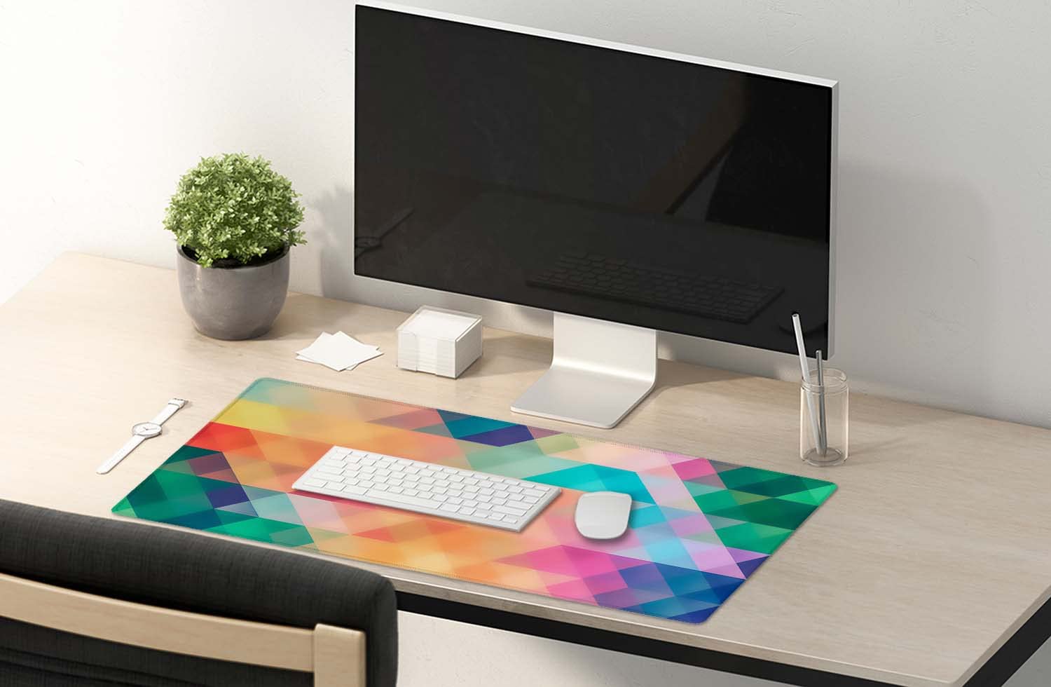 SSOIU Colorful Triangles Print Extended Gaming Mouse Pad (35.5x15.7 in), Large Non-Slip Rubber Base
