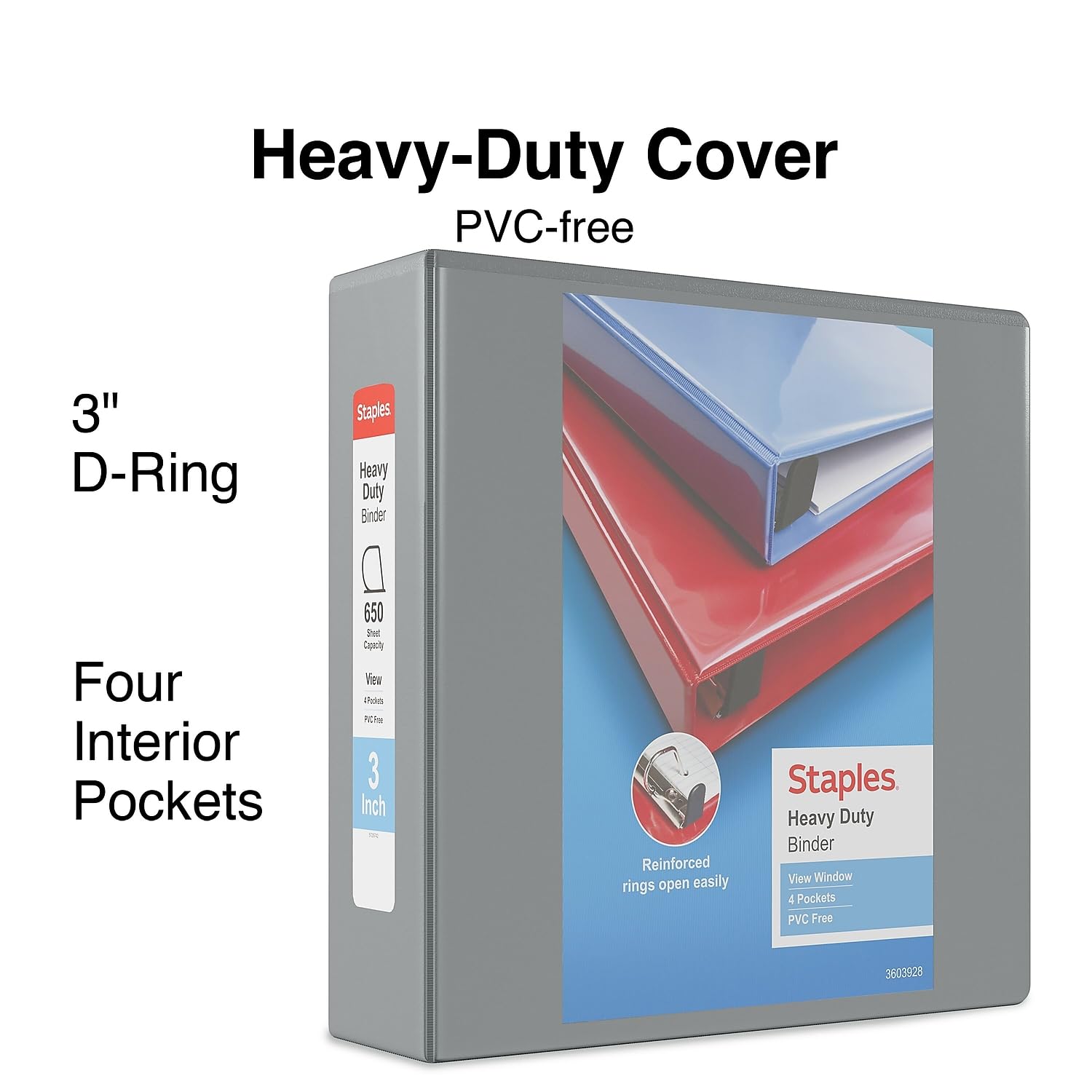 Staples Heavy-Duty 3-Inch D-Ring View Binder, Gray, 600 Sheets