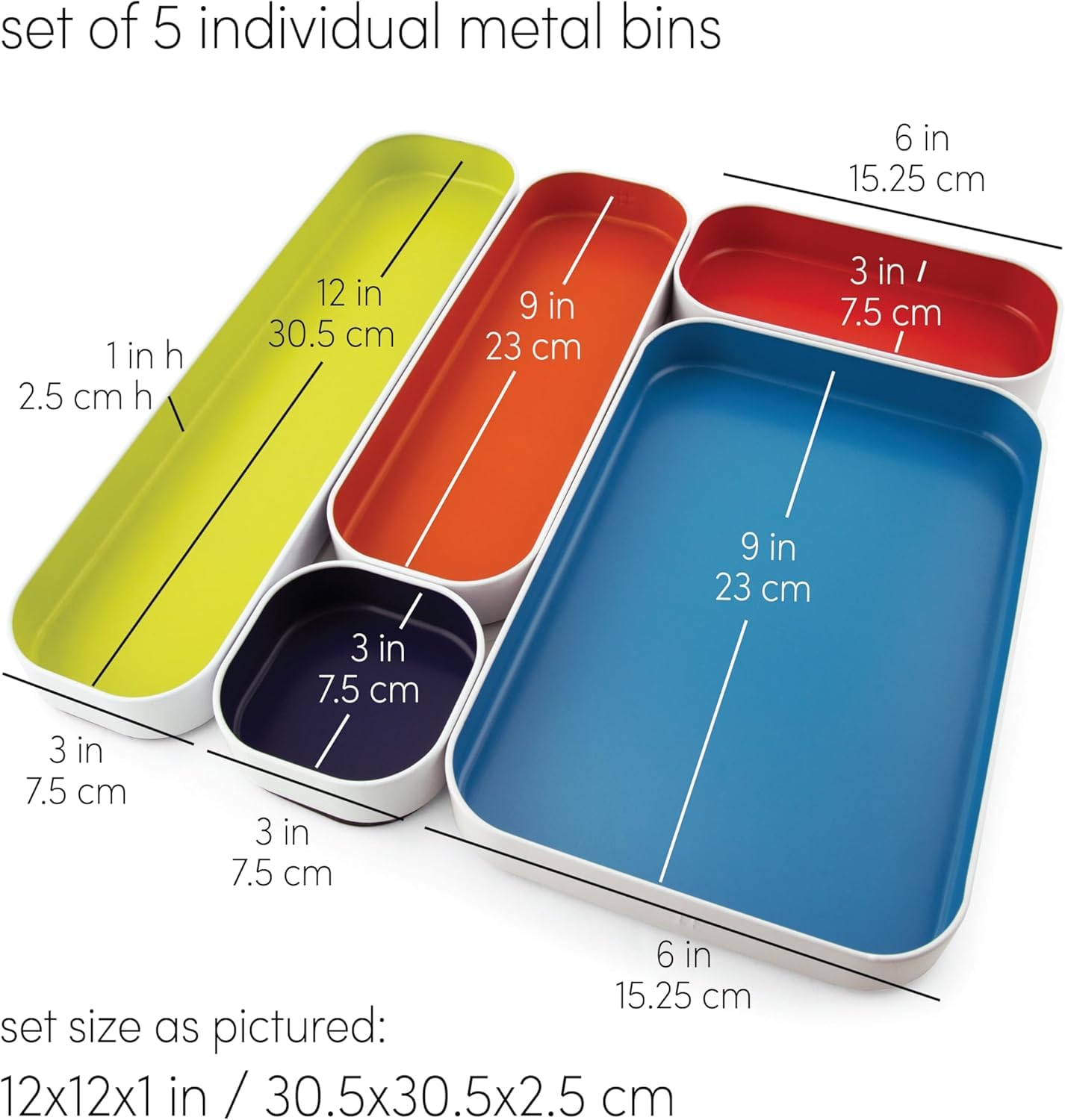 Three by Three Seattle Metal Drawer Organizer Tray Set, 5-Pc, 1" (Assorted)