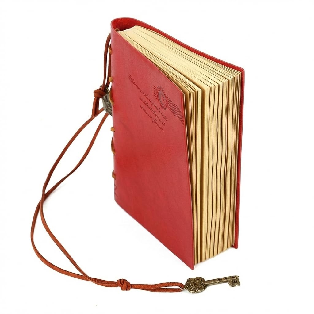 EvZ Classic Vintage Leather Writing Journal Notebook - Vibrant Red Retro Diary with Antique Key