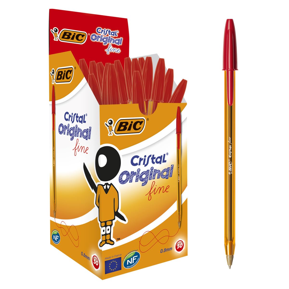 BIC Cristal Fine Ballpoint Pens - Red - Large Box of 50 Fine Point (0.8 mm) Long-Lasting Pens for