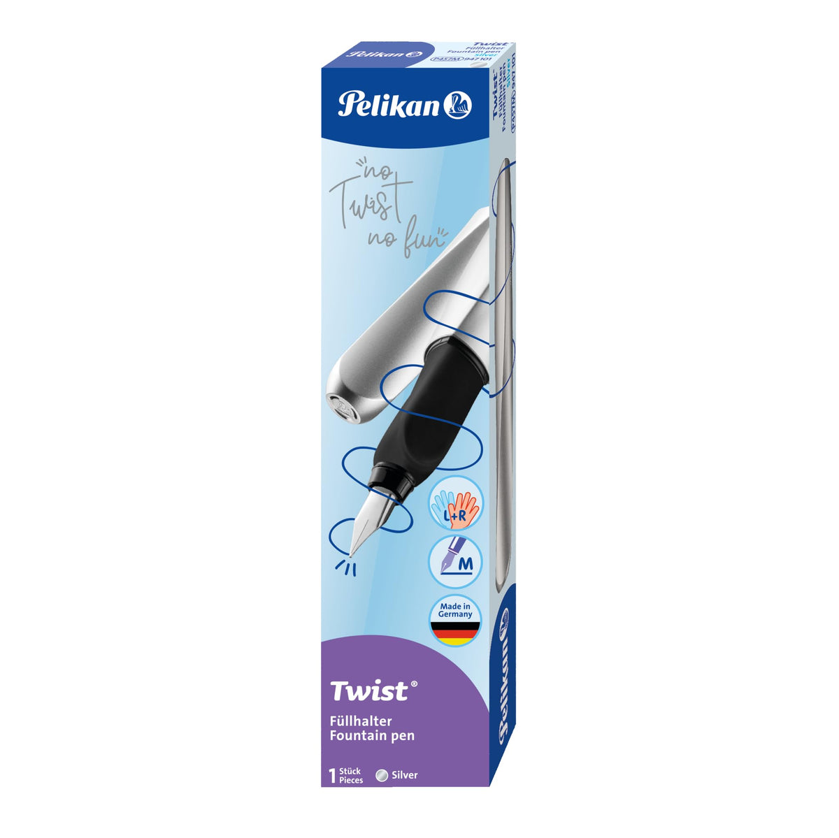 Pelikan Twist Fountain Pen with 1 Ink Cartridge, Medium Nib, Silver, Boxed (947101)