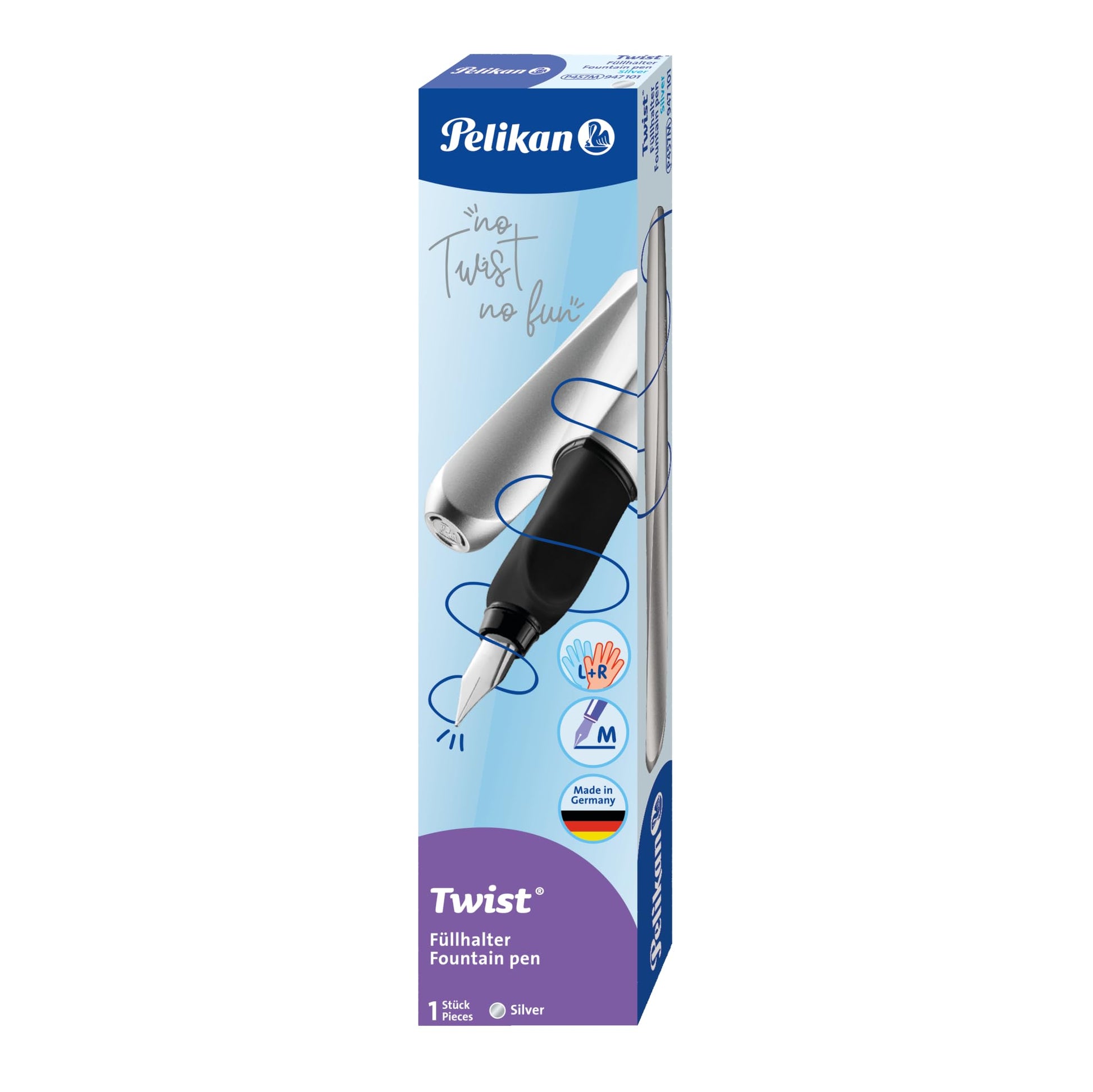 Pelikan Twist Fountain Pen with 1 Ink Cartridge, Medium Nib, Silver, Boxed (947101)