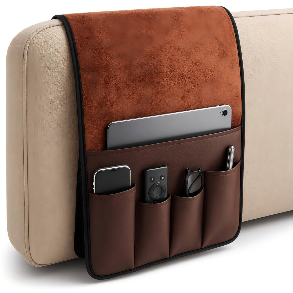 Anti-Slip PU Leather Velvet Sofa Couch Chair Armrest Soft Caddy Organizer Holder with 5 Pockets for