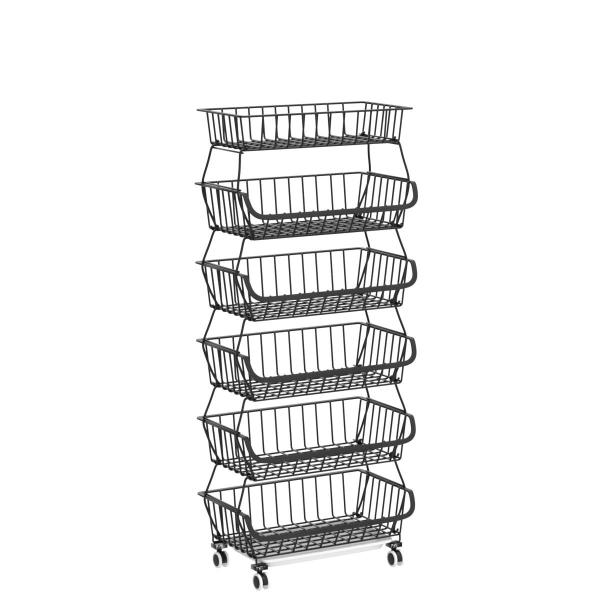 Piggy-G Fruit Vegetable Storage Basket with Wheels Kitchen Rack 6-Tier Stackable Floor-Standing