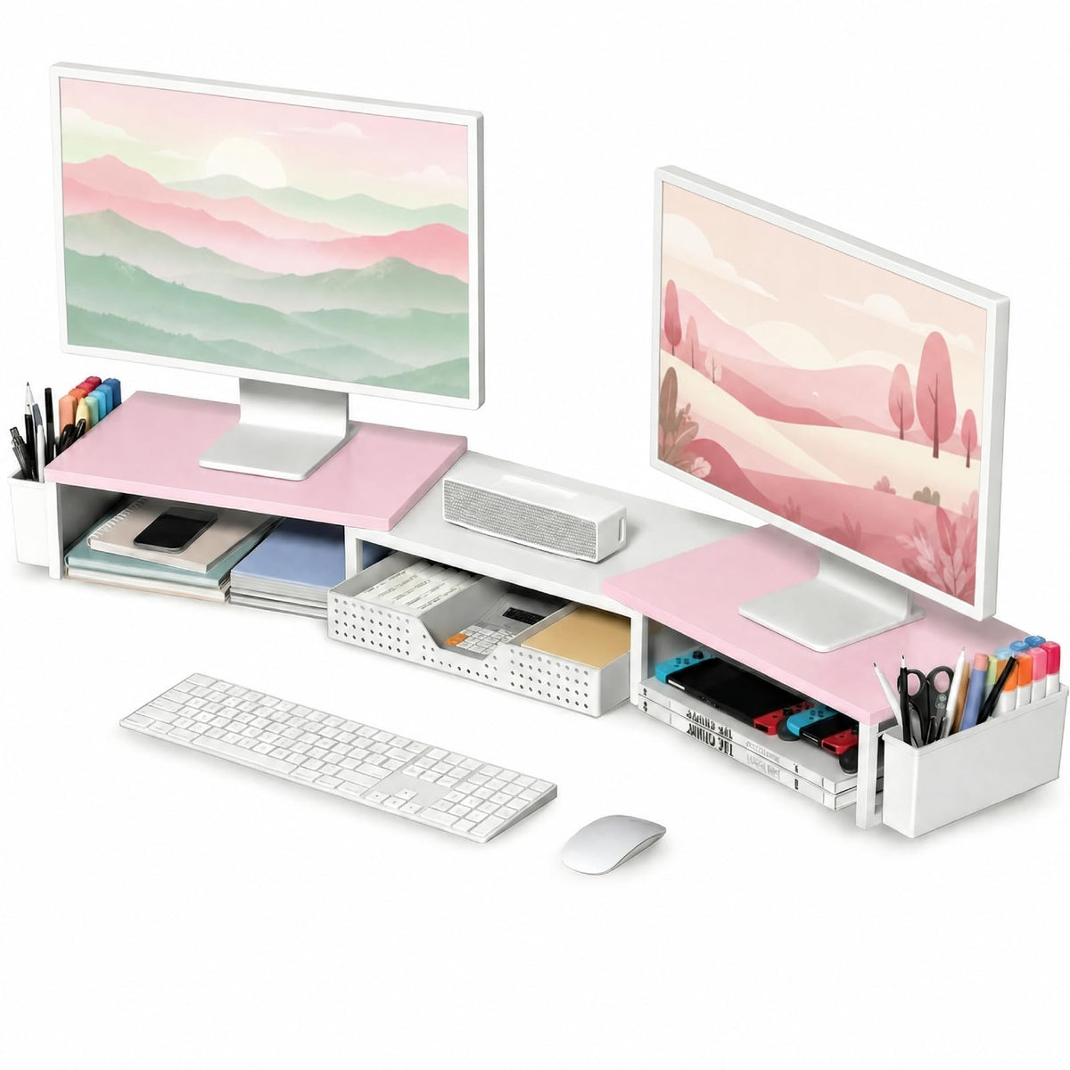 OPNICE Desk Organizers and Accessories, Dual Monitor Stand Riser with Drawer and 2 Pen Holders