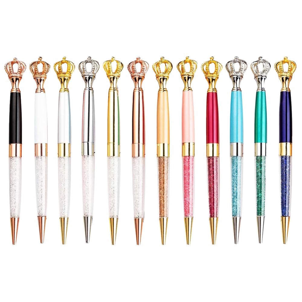 COOMATEC 12 Pack Fancy Crown Pens, Assorted Colors Metal Ballpoint with Hollow Crushed Diamond Top