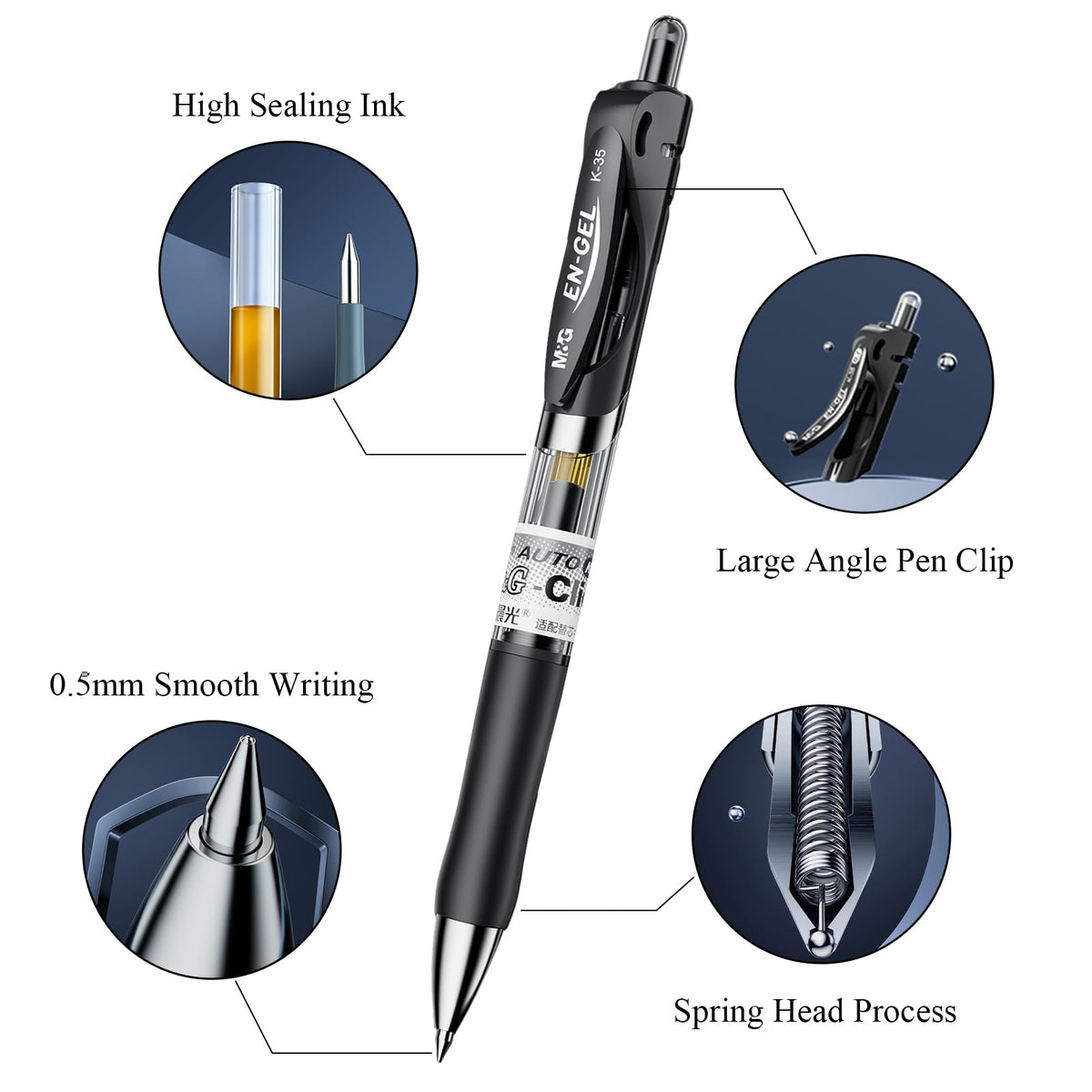 M&G 30 Pcs Retractable Gel Pens, 0.5mm Fine Point, 21 Black, 6 Blue, 3 Red