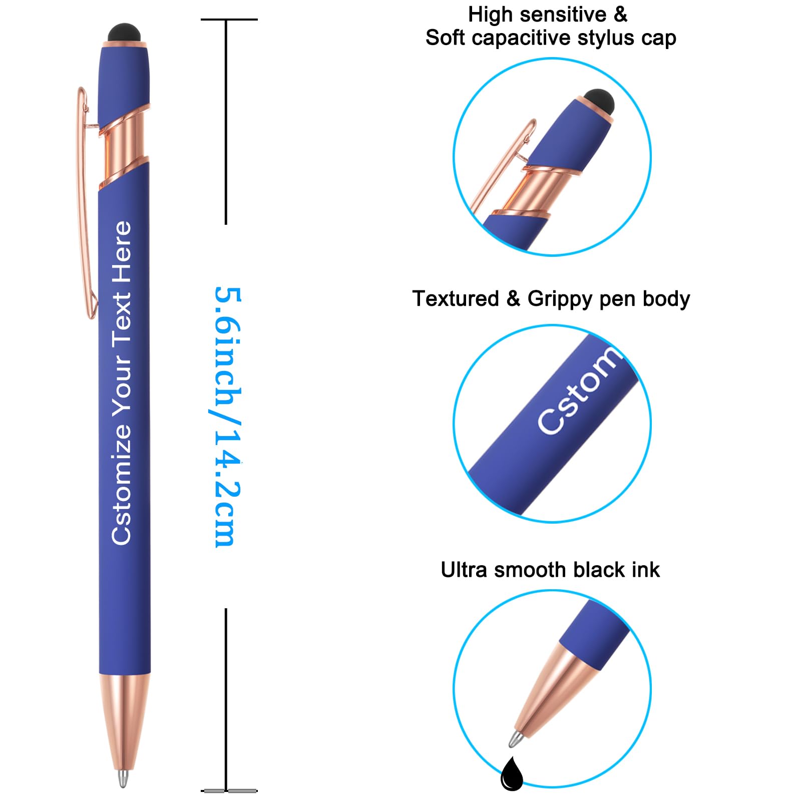 Kingluu 24 Pcs Personalized Ballpoint Pens with Stylus Tip,Free Engraving Black Ink Customized Pen