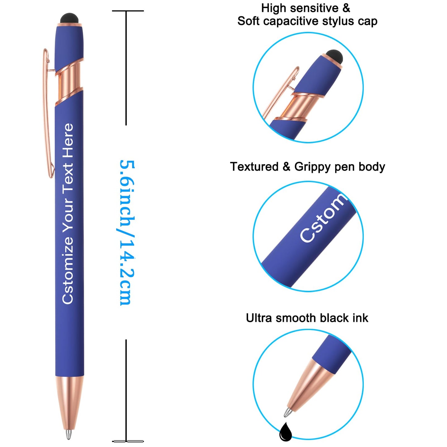 Kingluu 24 Pcs Personalized Ballpoint Pens with Stylus Tip,Free Engraving Black Ink Customized Pen