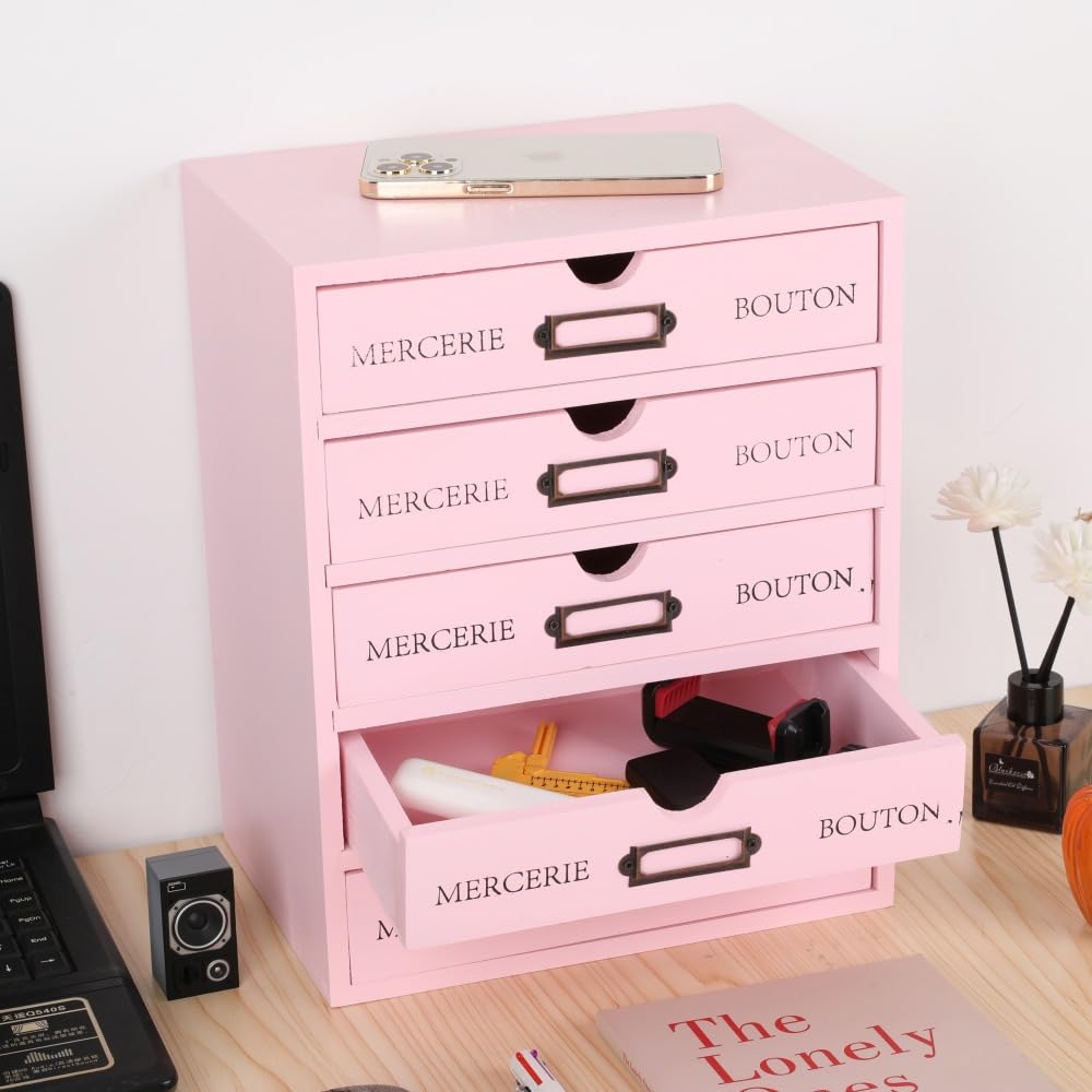 BoxSkivra Small Wooden Drawers Wooden Box with Drawer, Pink 5 Wood Drawer