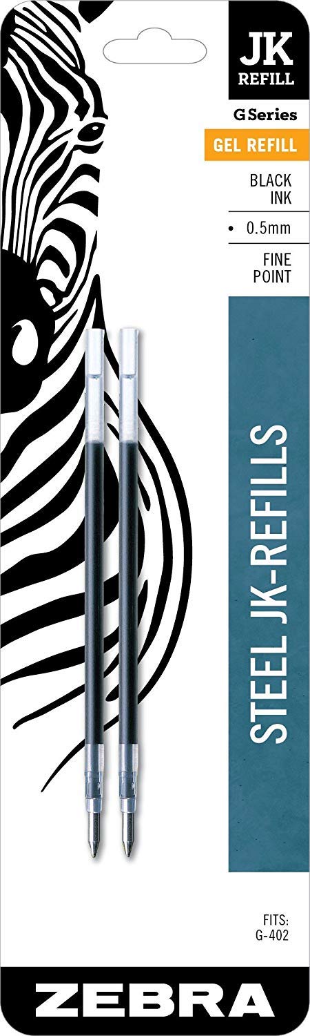 Zebra Pen G-402 Stainless Steel Retractable Gel Pen & Refills, Fine Point, 0.5mm, Black Ink, 2 Pens