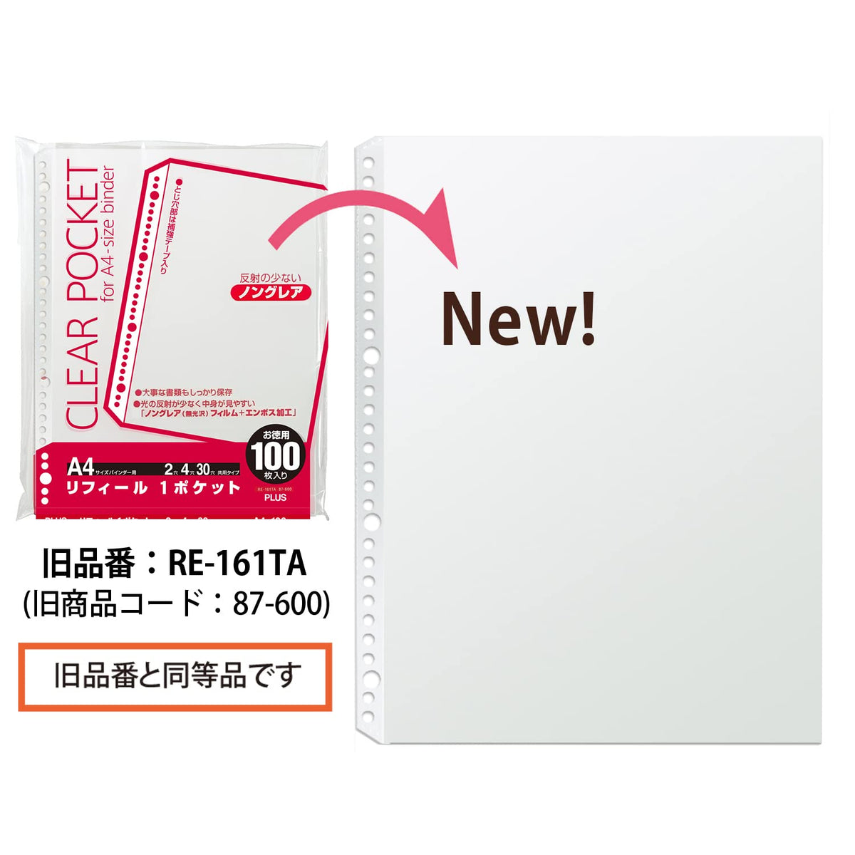 PLUS() A4 Binder Refills, 1 Pocket, 100 Pieces, Reinforced Holes, White, Transparent