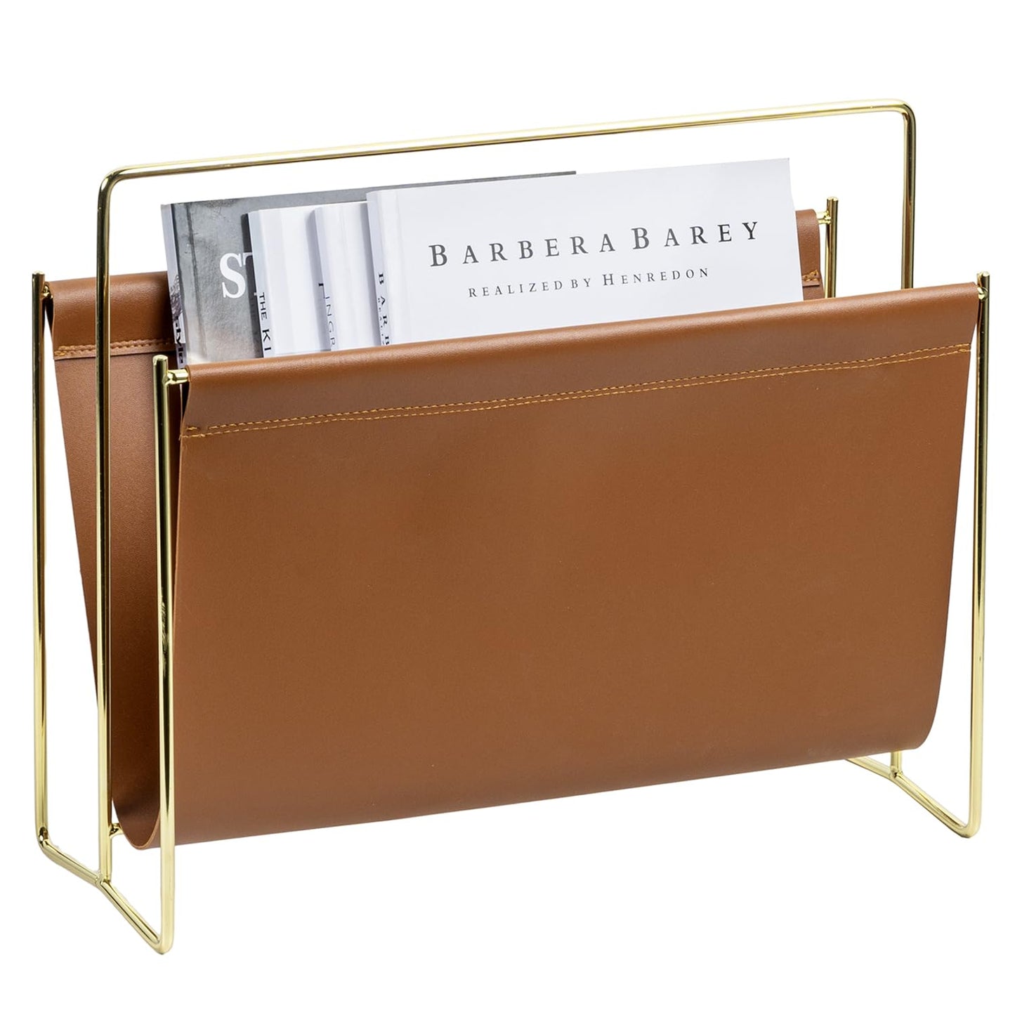 MyGift 15-Inch Magazine Holder Brown Leatherette Sling & Brass Plated Metal