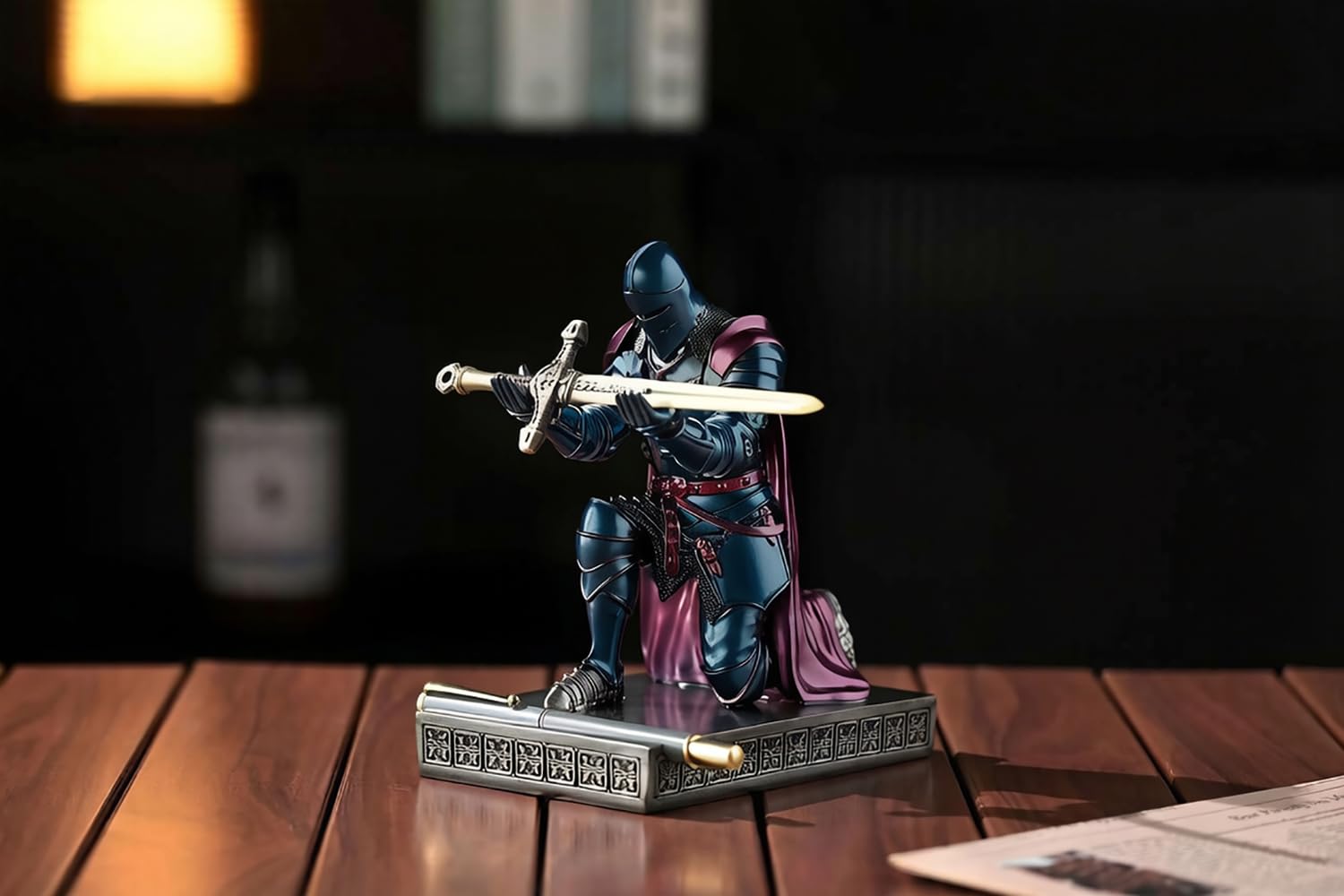 Medieval Armored Knight Pen Holder Figurine Paperweight Phone Stand Blu&Pur