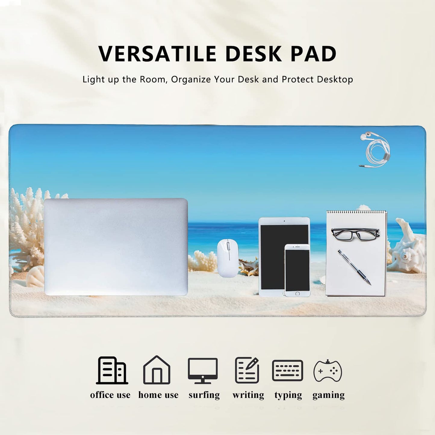 Seashells on Tropical Beach Extended Gaming Mouse Pad Large Desk Mat with Non-Slip Rubber Base and