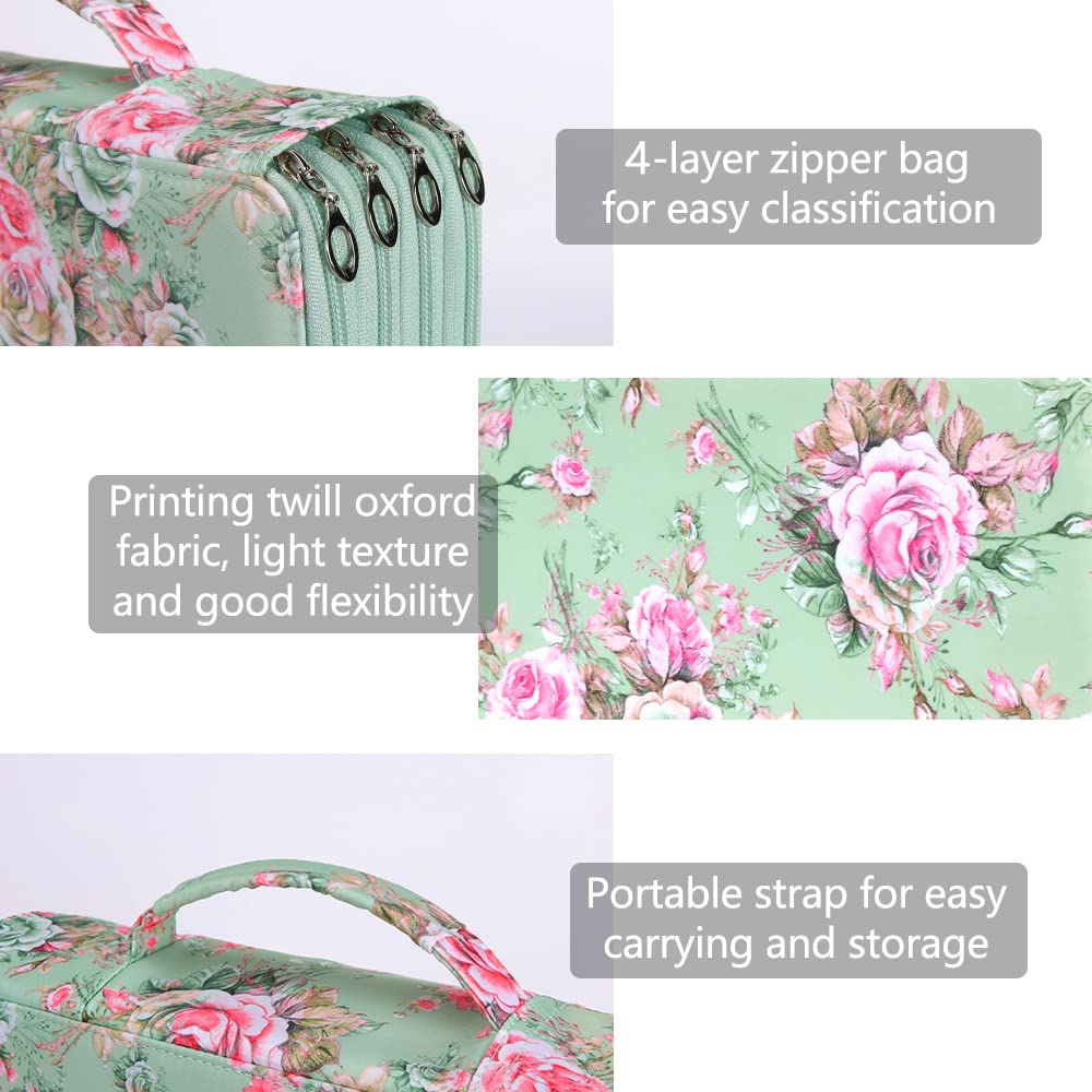 Vomgomfom 300 Slots Marker Case 4-Layer PU Leather, Handle, Grenn Rose