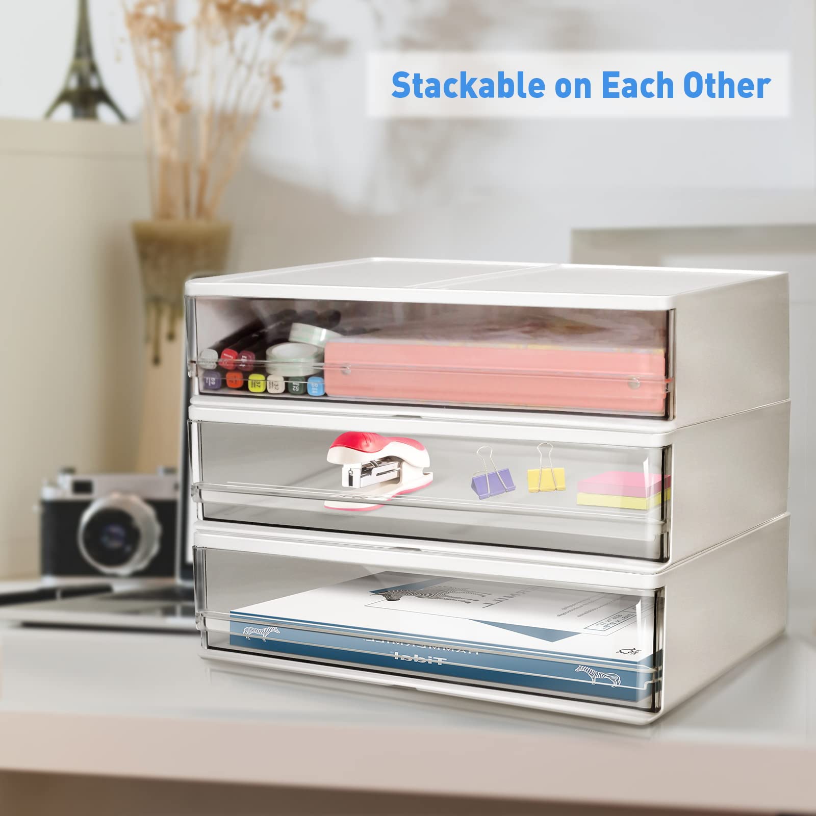 Harhana Printer Paper Holder Desk Organizer with Drawer, Stackable Desktop Storage Drawers 13.5