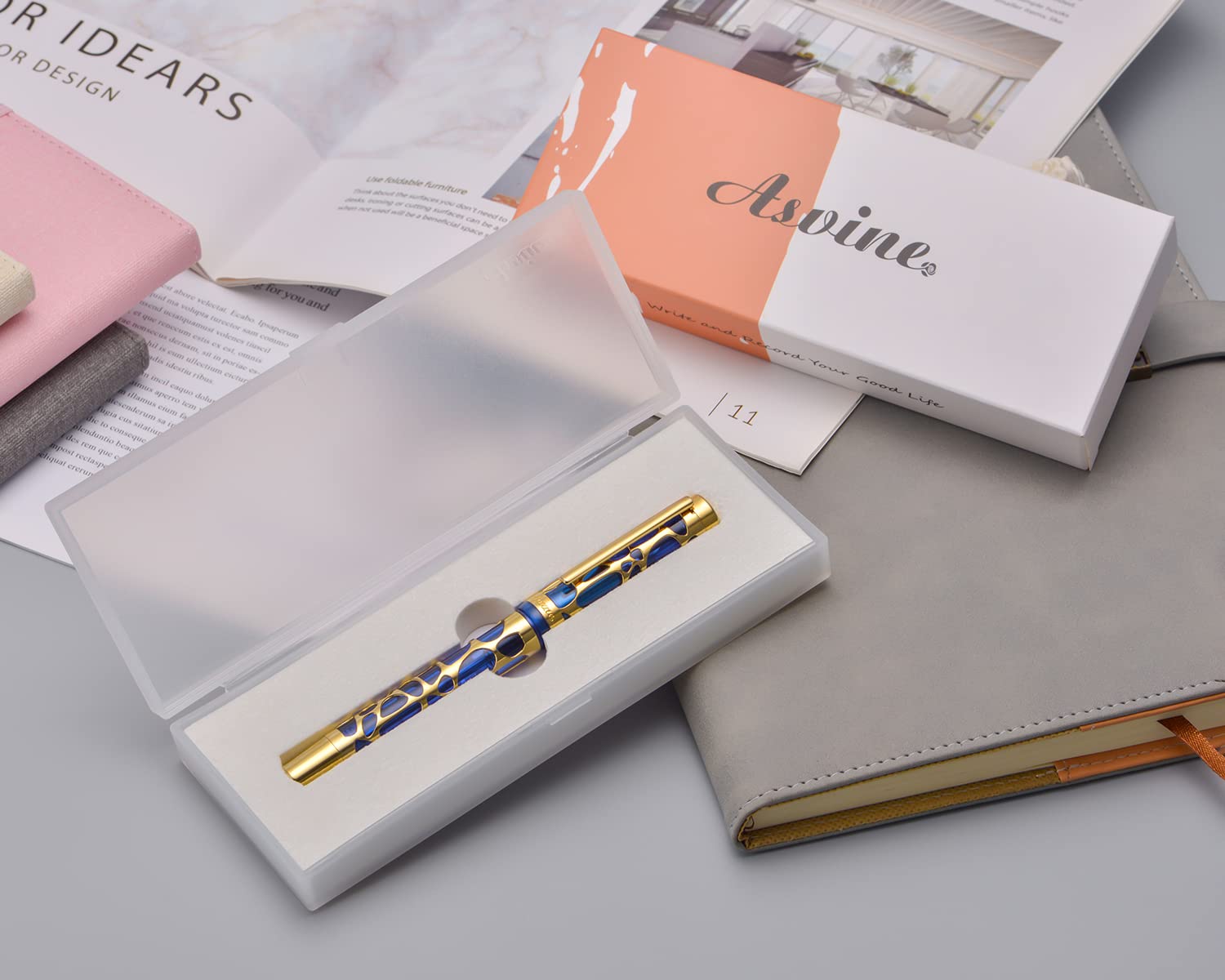 Asvine V169 Vacuum Filling Fountain Pen Medium Nib, Water Drop Skeleton Gold Trim Transparent Blue