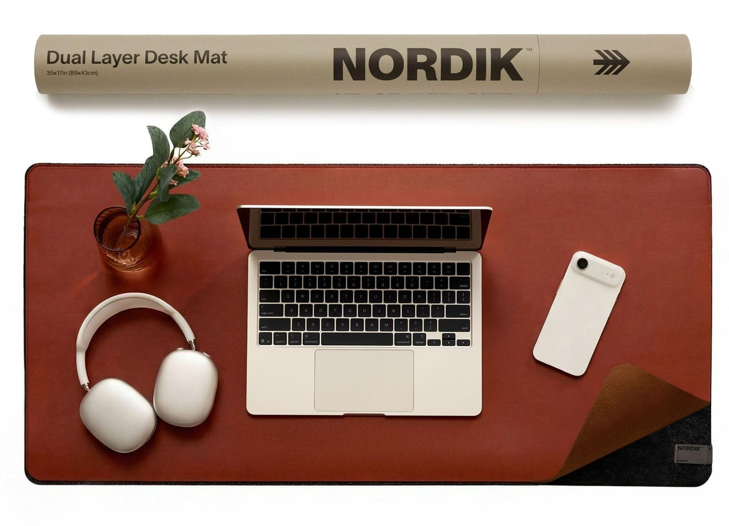 Nordik Felt and Leather Desk Mat - Dual Layer Emberwood Brown 35 x 17 in