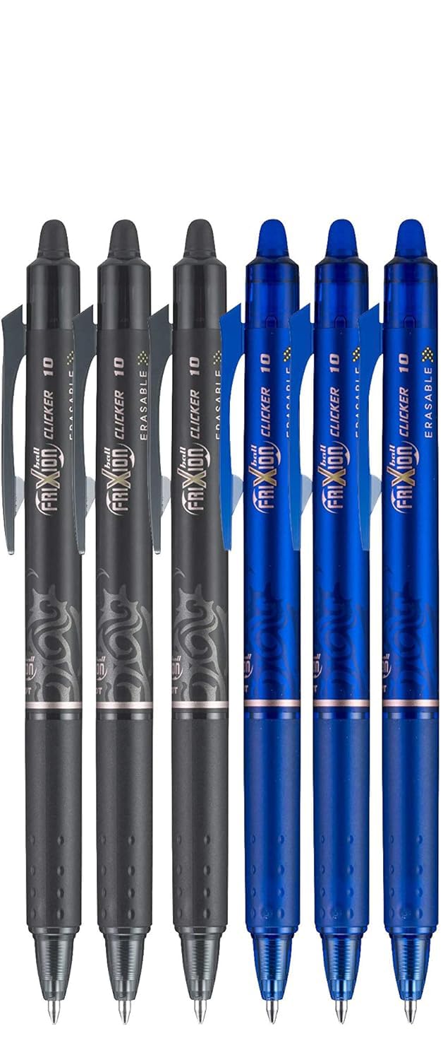 Clicker Retractable Erasable Gel Pen, Black/Blue, Bold Point, 6-pk;