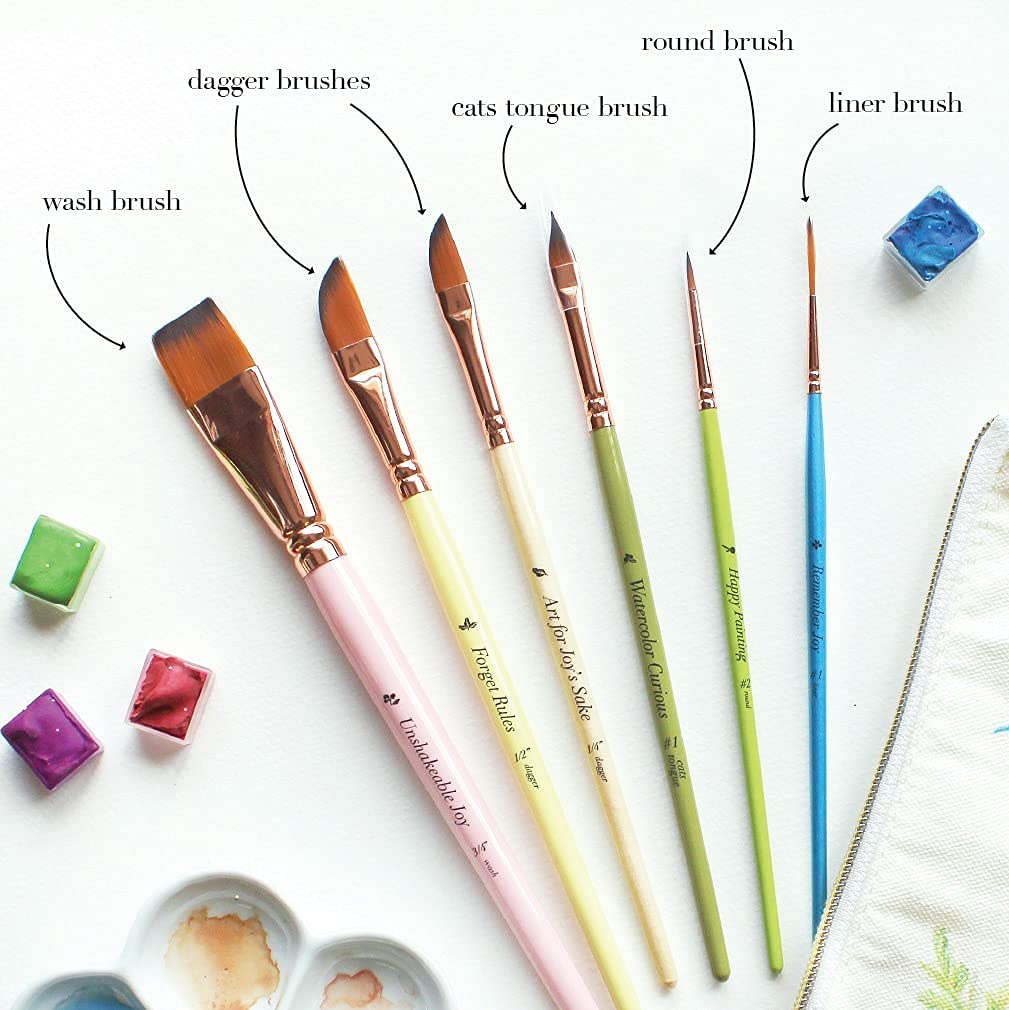 Travel Watercolor Brushes by Kristy Rice + Pouch-Set of 6 Watercolor Paint Brushes for Beginners &