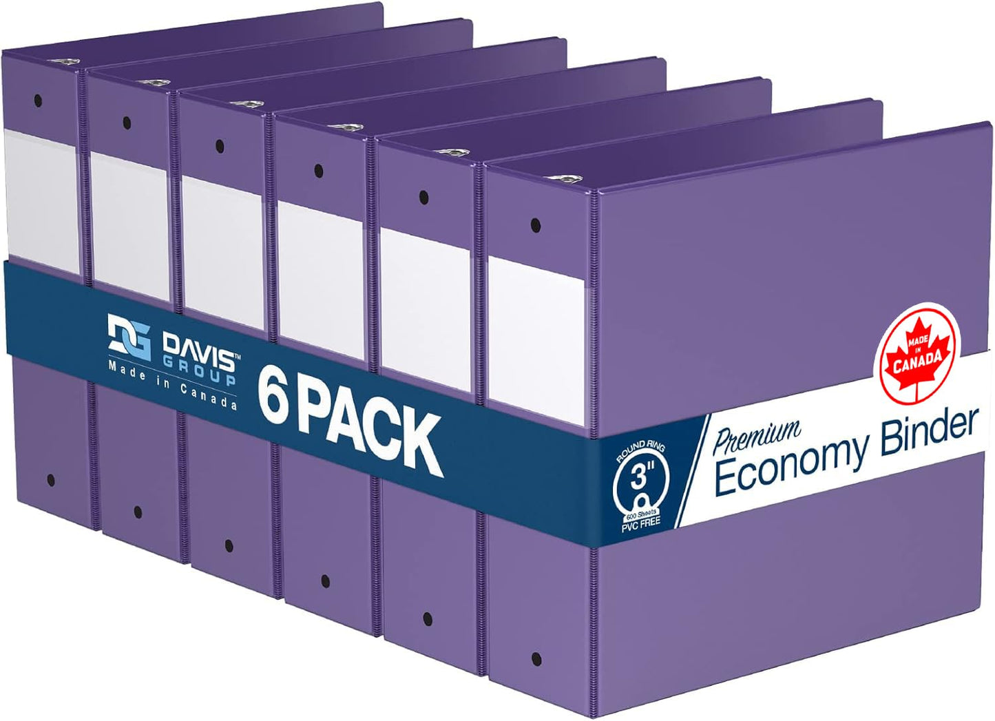 Premium Economy 3-Ring Binder, Spine Label, 3" Round Rings, Purple, 6 Pack