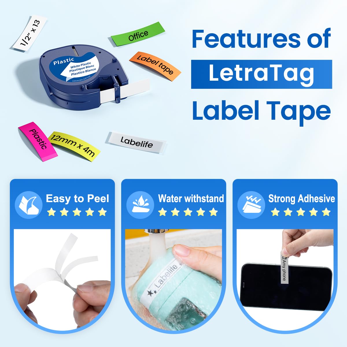 Replace for Dymo Letratag Refills Plastic Color 12mm x 4m 1/2" x 13'