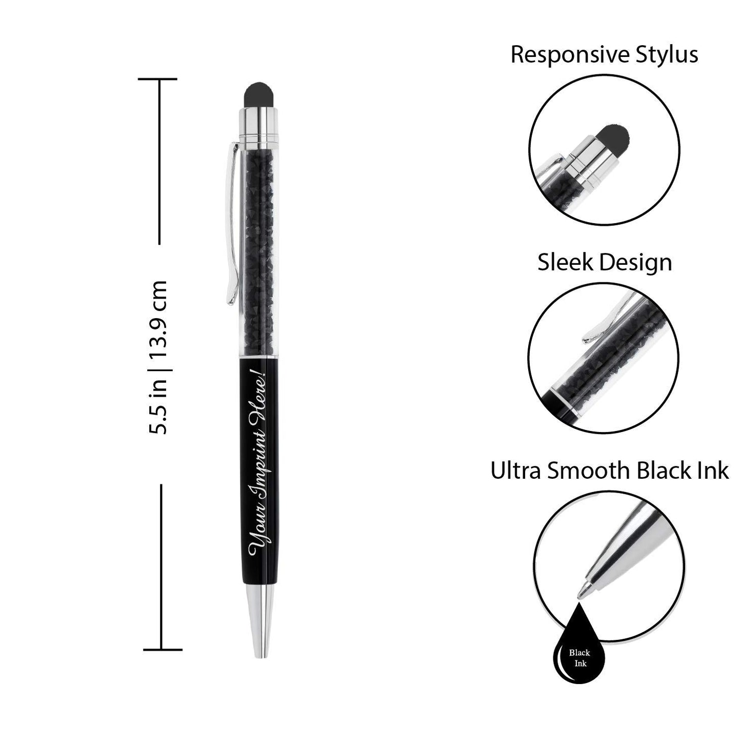 ExpressDesigns™ - Personalized Crystal Pens with Stylus - Metal Gem Pen - Custom Metallic Printed