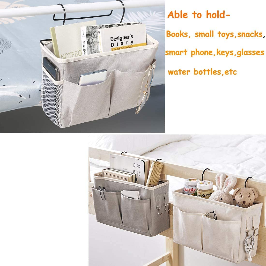 "KonHaovF 2Pack Bedside Organizer Caddy Hanging with Hook, Bed Storage Pocket for Dorm Kids Room