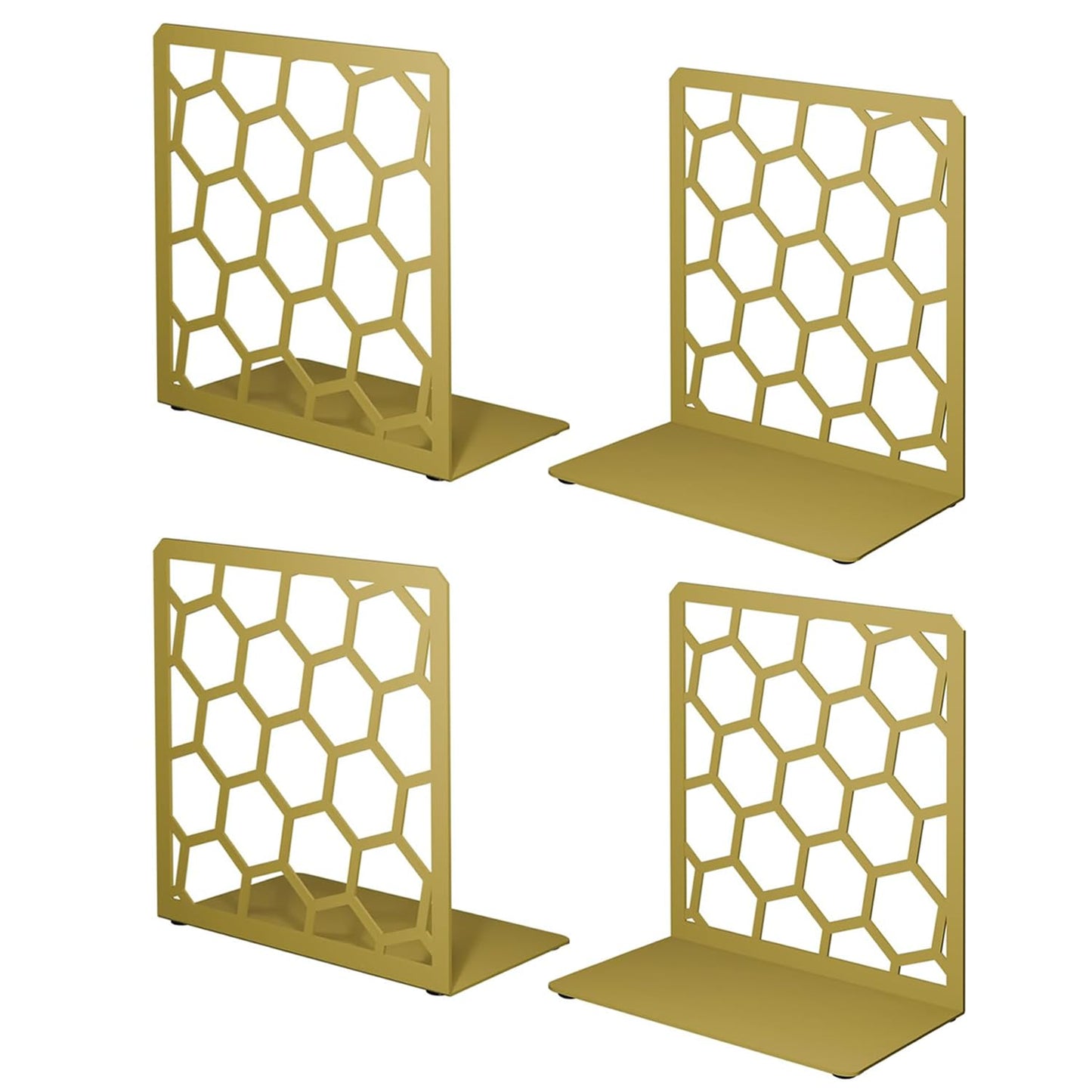 Gold Geometric Honeycomb Metal Bookends - Book Ends for Shelves - Decorative Modern Heavy Duty